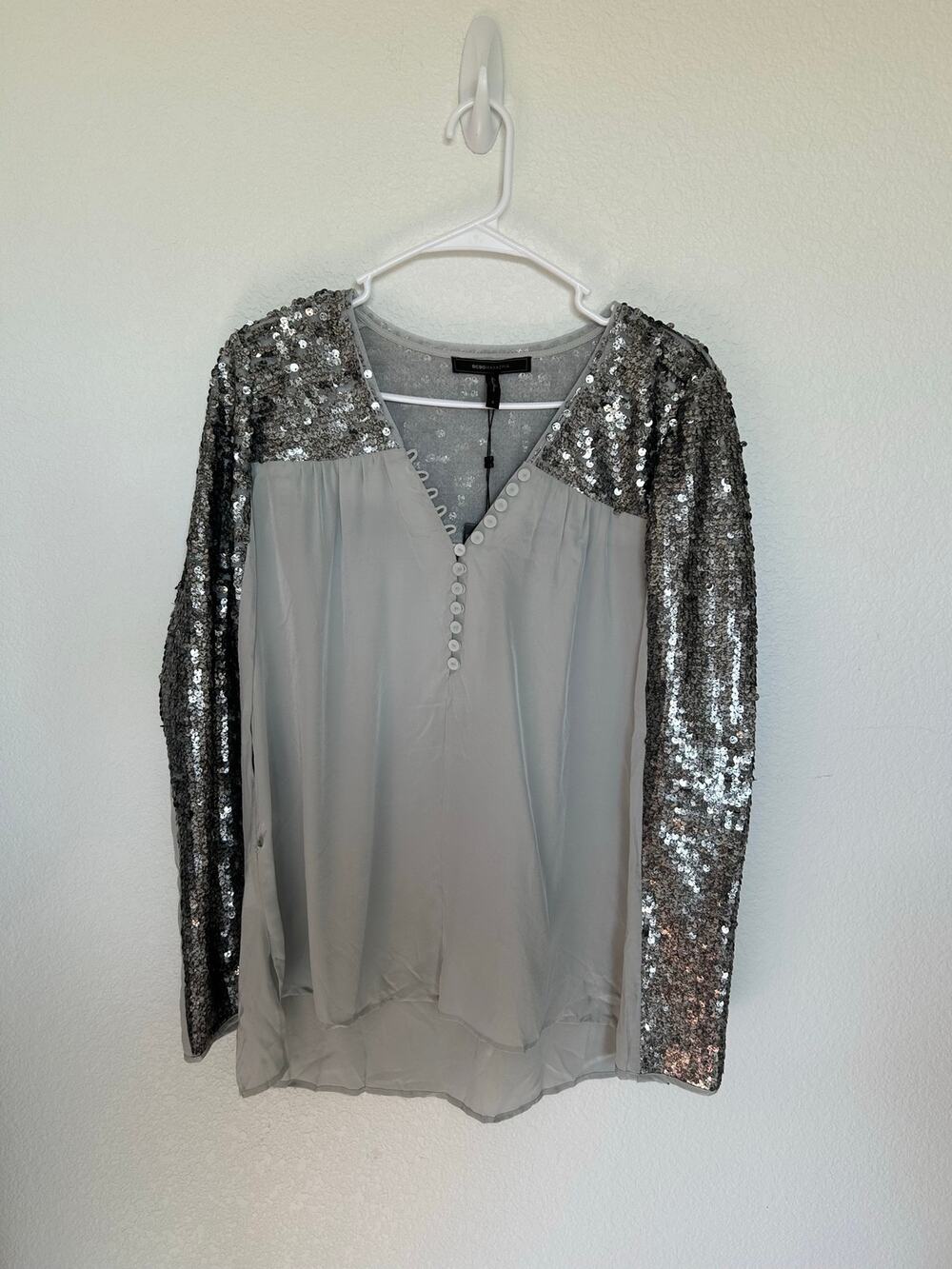 BCBG MaxAzria Pearl Grey Antonella Sequin Long Sleeve Top - S